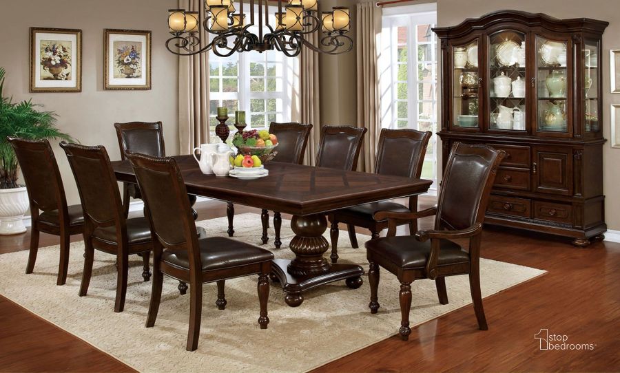 The appearance of Alpena Brown Cherry Extendable Rectangular Dining Room Set designed by Furniture of America in the traditional interior design. This brown piece of furniture  was selected by 1StopBedrooms from Alpena Collection to add a touch of cosiness and style into your home. Sku: CM3350T-1;CM3350T-2;CM3350SC-2PK. Table Base Style: Double Pedestal. Material: Wood. Product Type: Dining Room Set. Table Top Shape: Rectangular. Image1