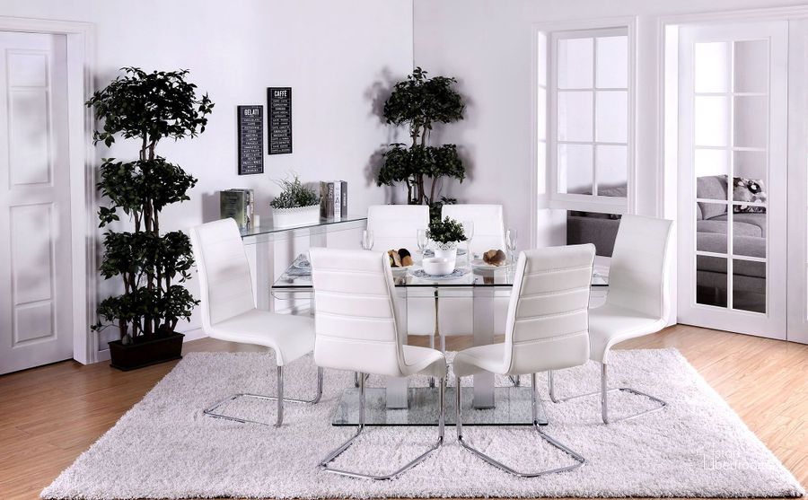 The appearance of Richfield I Silver Rectangular Dining Room Set designed by Furniture of America in the modern / contemporary interior design. This silver piece of furniture  was selected by 1StopBedrooms from Richfield I Collection to add a touch of cosiness and style into your home. Sku: CM3362T-1;CM3362T-2;CM8371WH-SC-2PK. Table Base Style: Trestle. Material: Glass. Product Type: Dining Room Set. Table Top Shape: Rectangular. Size: 36". Image1