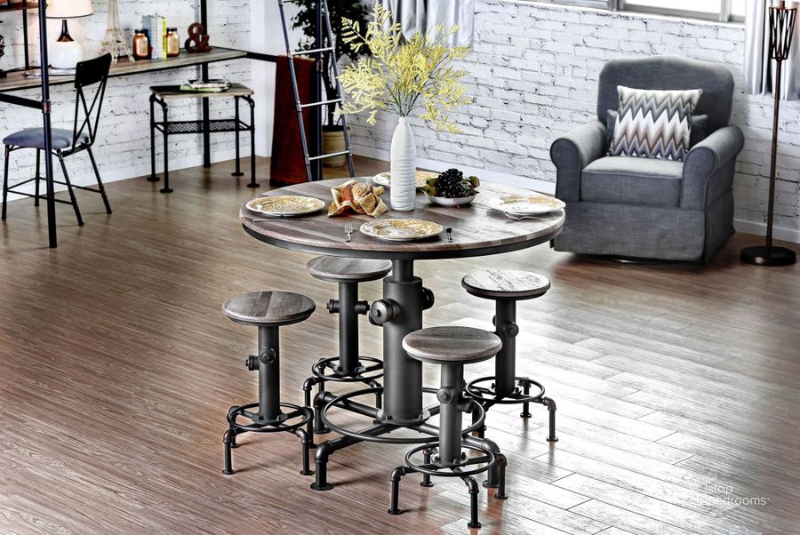 The appearance of Foskey Antique Black Round Counter Height Dining Room Set designed by Furniture of America in the industrial interior design. This black piece of furniture  was selected by 1StopBedrooms from Foskey Collection to add a touch of cosiness and style into your home. Sku: CM3367PT-1;CM3367PT-2;CM3367PT-3;CM3367PC-2PK. Table Top Shape: Round. Material: Wood. Product Type: Dining Room Set. Image1