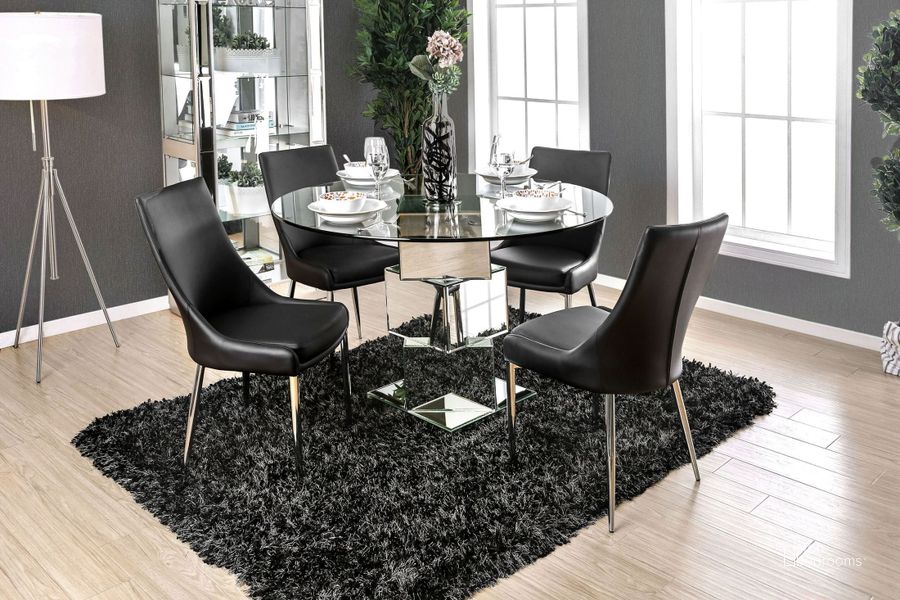 The appearance of Izzy Silver Dining Room Set designed by Furniture of America in the modern / contemporary interior design. This silver piece of furniture  was selected by 1StopBedrooms from Izzy Collection to add a touch of cosiness and style into your home. Sku: CM3384RT-1;CM3384RT-2;CM3384BK-SC-2PK. Table Base Style: Pedestal. Table Top Shape: Round. Material: Metal. Product Type: Dining Room Set. Image1