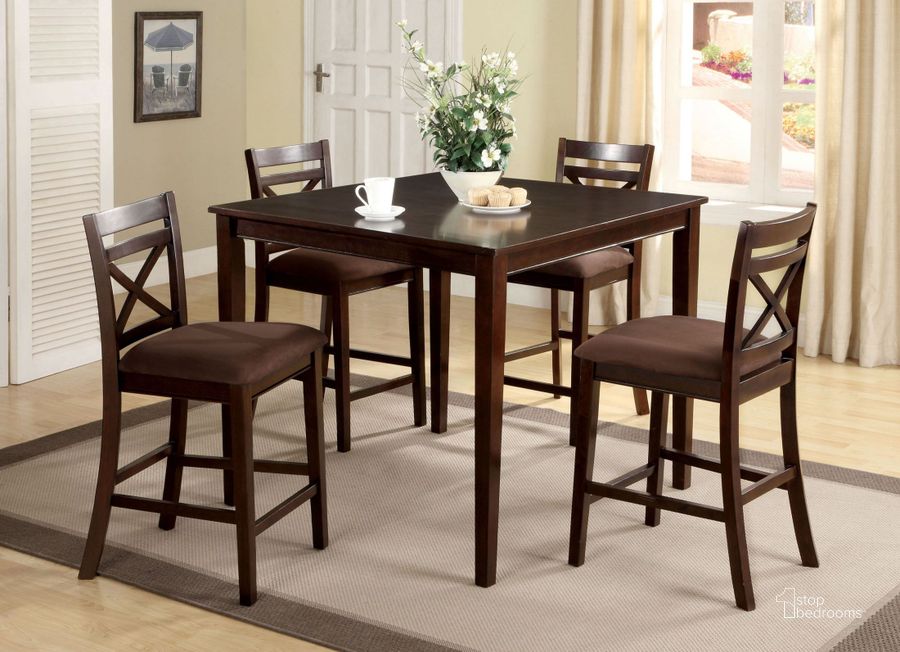 The appearance of Weston I 5 Piece Counter Height Table Set designed by Furniture of America in the transitional interior design. This brown piece of furniture  was selected by 1StopBedrooms from Weston Collection to add a touch of cosiness and style into your home. Sku: CM3400PT-5PK. Table Top Shape: Square. Material: Wood. Product Type: Dining Room Set.