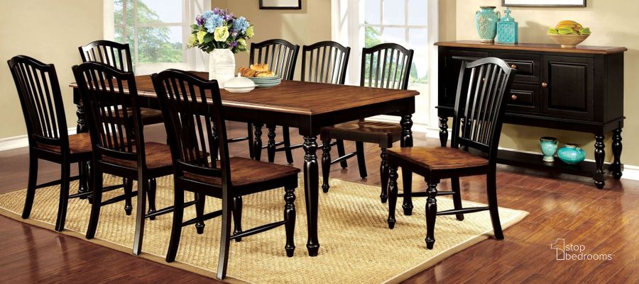 The appearance of Mayville Black and Antique Oak Rectangular Extendable Leg Dining Room Set designed by Furniture of America in the country / farmhouse interior design. This black piece of furniture  was selected by 1StopBedrooms from Mayville Collection to add a touch of cosiness and style into your home. Sku: CM3431T;CM3431SC-2PK. Material: Wood. Product Type: Dining Room Set. Table Top Shape: Rectangular. Image1