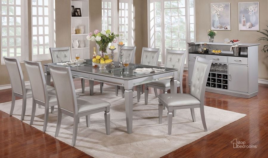 The appearance of Alena Silver Dining Room Set designed by Furniture of America in the modern / contemporary interior design. This silver piece of furniture  was selected by 1StopBedrooms from Alena Collection to add a touch of cosiness and style into your home. Sku: CM3452T;CM3452SC-2PK. Table Base Style: Legs. Material: Wood. Product Type: Dining Room Set. Table Top Shape: Rectangular. Image1