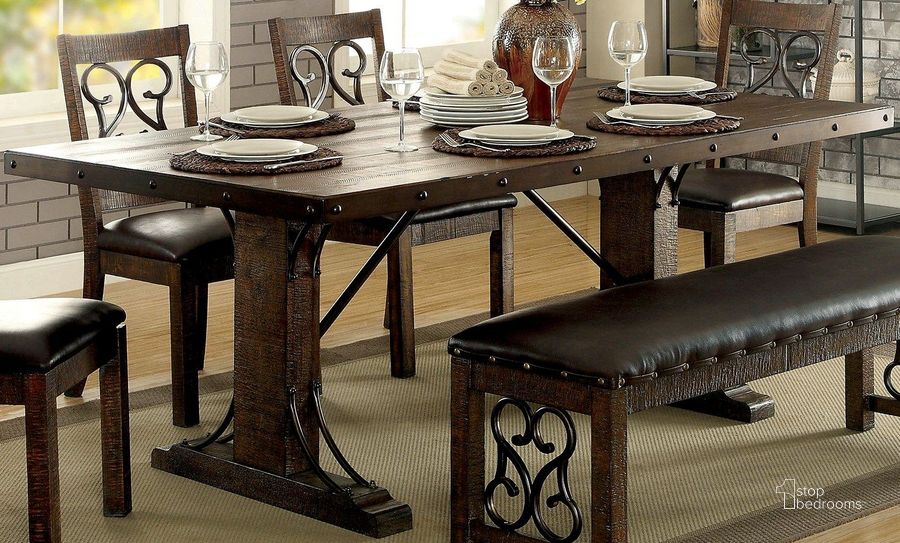 The appearance of Paulina Rustic Walnut Rectangular Dining Table designed by Furniture of America in the traditional interior design. This brown piece of furniture  was selected by 1StopBedrooms from Paulina Collection to add a touch of cosiness and style into your home. Sku: CM3465T. Table Base Style: Double Pedestal. Material: Wood. Product Type: Dining Table. Table Top Shape: Rectangular. Image1