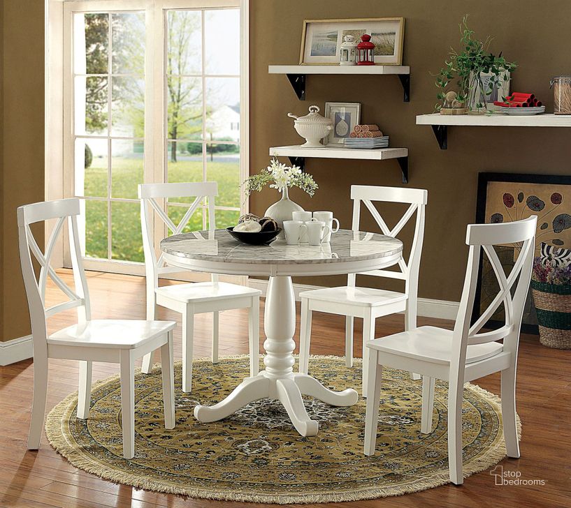 The appearance of Penelope White Round Dining Room Set designed by Furniture of America in the transitional interior design. This white piece of furniture  was selected by 1StopBedrooms from Penelope Collection to add a touch of cosiness and style into your home. Sku: CM3546RT-1;CM3546RT-2;CM3546SC-2PK. Table Base Style: Pedestal. Table Top Shape: Round. Material: Glass. Product Type: Dining Room Set. Image1