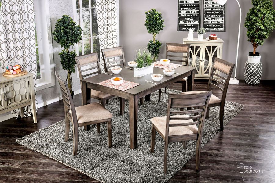 The appearance of Taylah Weathered Gray 7 Piece Dining Set designed by Furniture of America in the transitional interior design. This brown piece of furniture  was selected by 1StopBedrooms from Taylah Collection to add a touch of cosiness and style into your home. Sku: CM3607T-7PK. Material: Wood. Product Type: Dining Room Set. Table Top Shape: Rectangular. Image1