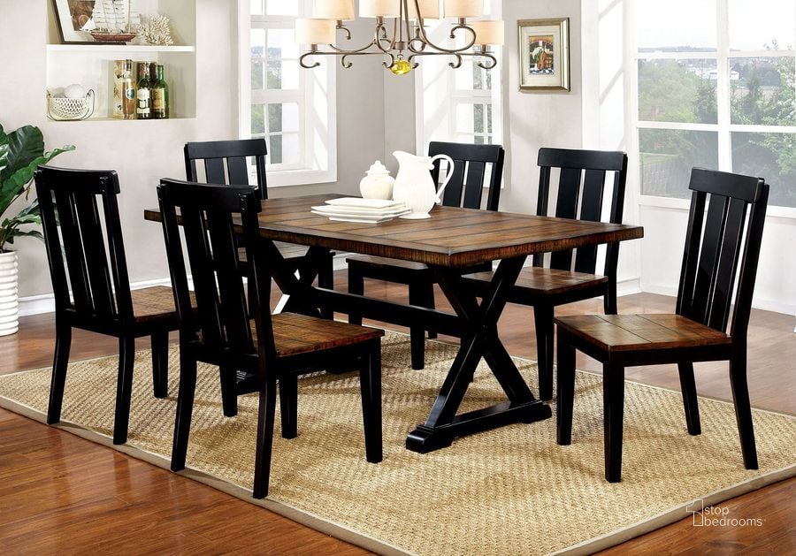 The appearance of Alana Antique Oak and Black Rectangular Dining Room Set designed by Furniture of America in the transitional interior design. This black piece of furniture  was selected by 1StopBedrooms from Alana Collection to add a touch of cosiness and style into your home. Sku: CM3668T;CM3668SC-2PK. Table Base Style: Trestle. Material: Wood. Product Type: Dining Room Set. Table Top Shape: Rectangular. Image1