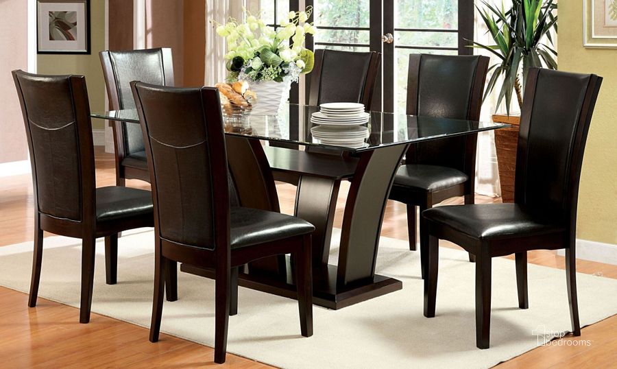 The appearance of Manhattan I Dark Cherry Pedestal Dining Room Set designed by Furniture of America in the modern / contemporary interior design. This brown piece of furniture  was selected by 1StopBedrooms from Manhattan Collection to add a touch of cosiness and style into your home. Sku: CM3710T-1;CM3710T-2;CM3710T-3;CM3710SC-2PK. Material: Wood. Product Type: Dining Room Set. Table Top Shape: Rectangular. Image1