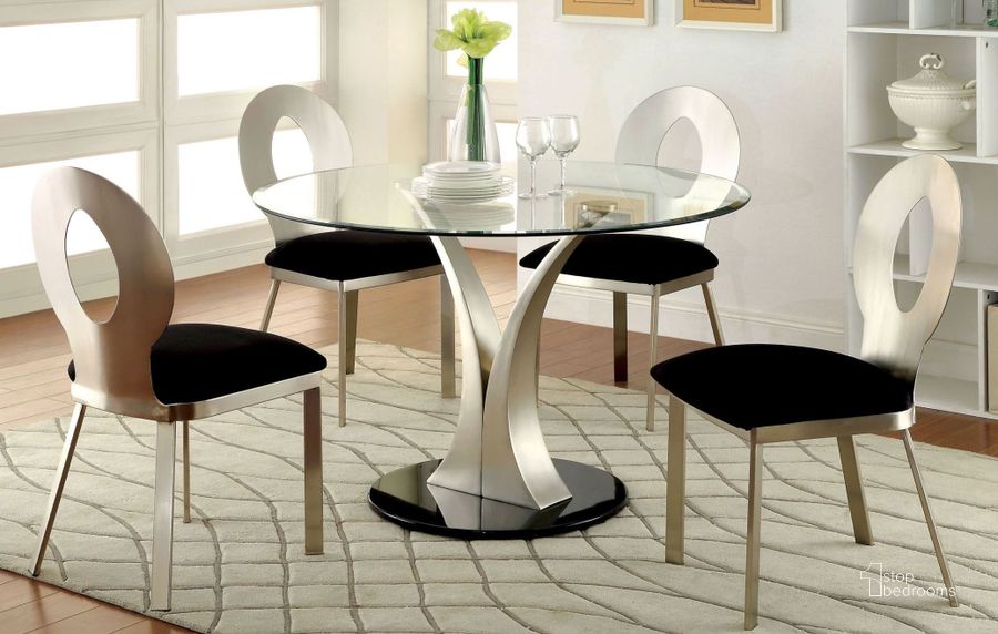 The appearance of Valo Satin Plated Round Pedestal Dining Room Set designed by Furniture of America in the modern / contemporary interior design. This silver piece of furniture  was selected by 1StopBedrooms from Valo Collection to add a touch of cosiness and style into your home. Sku: CM3727T-1;CM3727T-2;CM3727SC-2PK. Table Top Shape: Round. Material: Glass. Product Type: Dining Room Set. Image1