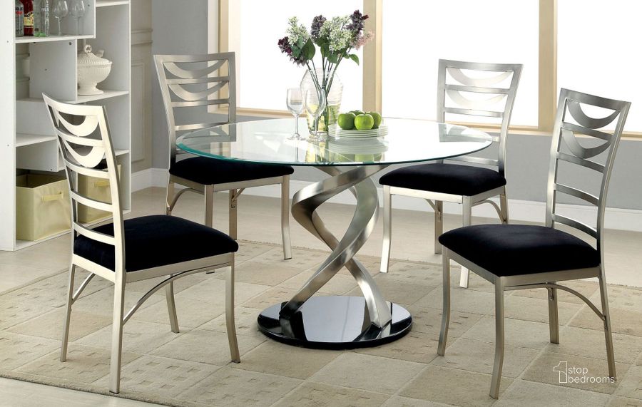 The appearance of Roxo Round Pedestal Dining Room Set designed by Furniture of America in the modern / contemporary interior design. This silver piece of furniture  was selected by 1StopBedrooms from Roxo Collection to add a touch of cosiness and style into your home. Sku: CM3729T-1;CM3729T-2;CM3729SC-2PK. Table Top Shape: Round. Material: Glass. Product Type: Dining Room Set. Image1