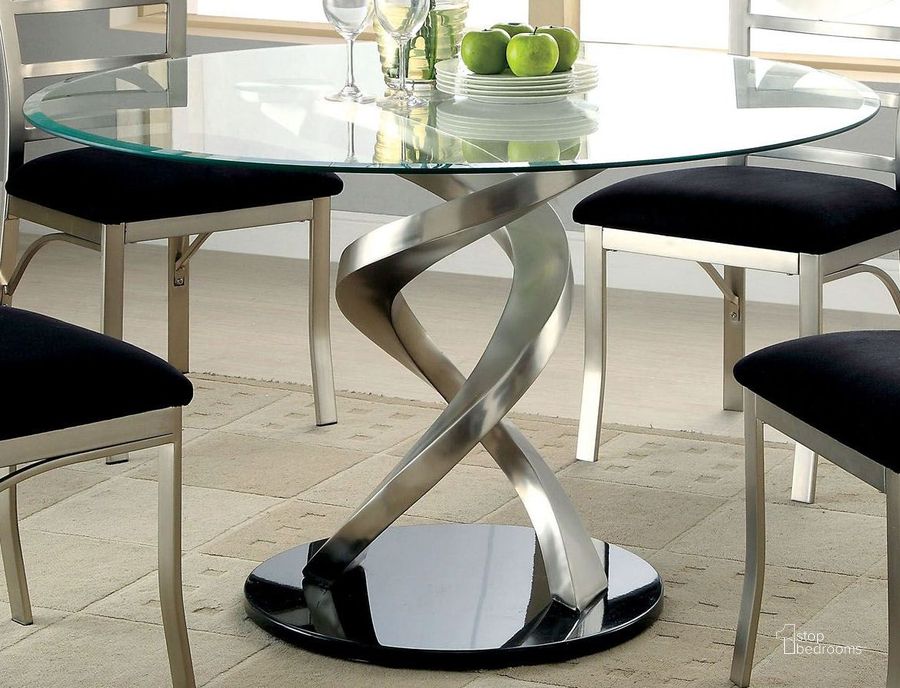 The appearance of Roxo Round Pedestal Dining Table designed by Furniture of America in the modern / contemporary interior design. This silver piece of furniture  was selected by 1StopBedrooms from Roxo Collection to add a touch of cosiness and style into your home. Sku: CM3729T-1;CM3729T-2. Table Top Shape: Round. Material: Metal. Product Type: Pedestal Table. Image1