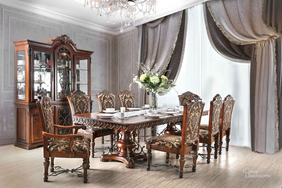 The appearance of Lucie Brown Cherry Dining Room Set designed by Furniture of America in the traditional interior design. This brown piece of furniture  was selected by 1StopBedrooms from Lucie Collection to add a touch of cosiness and style into your home. Sku: CM3788T-1;CM3788T-2;CM3788SC-2PK. Table Base Style: Double Pedestal. Material: Wood. Product Type: Dining Room Set. Table Top Shape: Rectangular. Size: 120". Image1