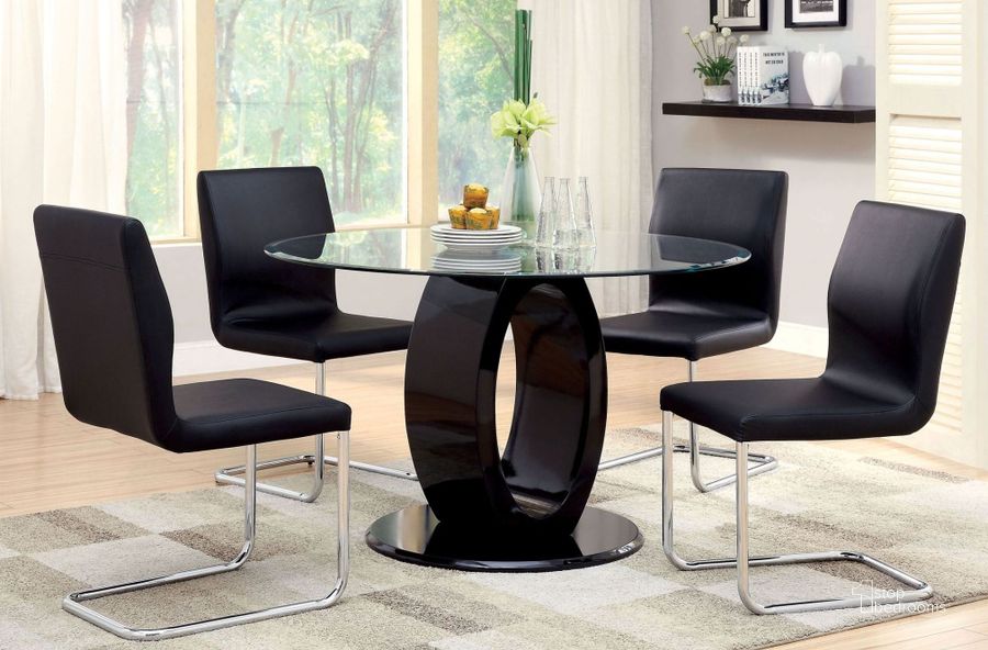 The appearance of Lodia I Black Glass Top Round Pedestal Dining Room Set designed by Furniture of America in the modern / contemporary interior design. This black piece of furniture  was selected by 1StopBedrooms from Lodia Collection to add a touch of cosiness and style into your home. Sku: CM3825BK-RT-1;CM3825BK-RT-2;CM3825BK-SC-2PK. Table Top Shape: Round. Material: Glass. Product Type: Dining Room Set. Image1