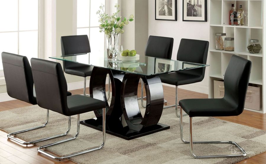 The appearance of Lodia I Black Glass Top Rectangular Pedestal Dining Room Set designed by Furniture of America in the modern / contemporary interior design. This black piece of furniture  was selected by 1StopBedrooms from Lodia Collection to add a touch of cosiness and style into your home. Sku: CM3825BK-T-1;CM3825BK-T-2;CM3825BK-SC-2PK. Material: Glass. Product Type: Dining Room Set. Table Top Shape: Rectangular. Image1