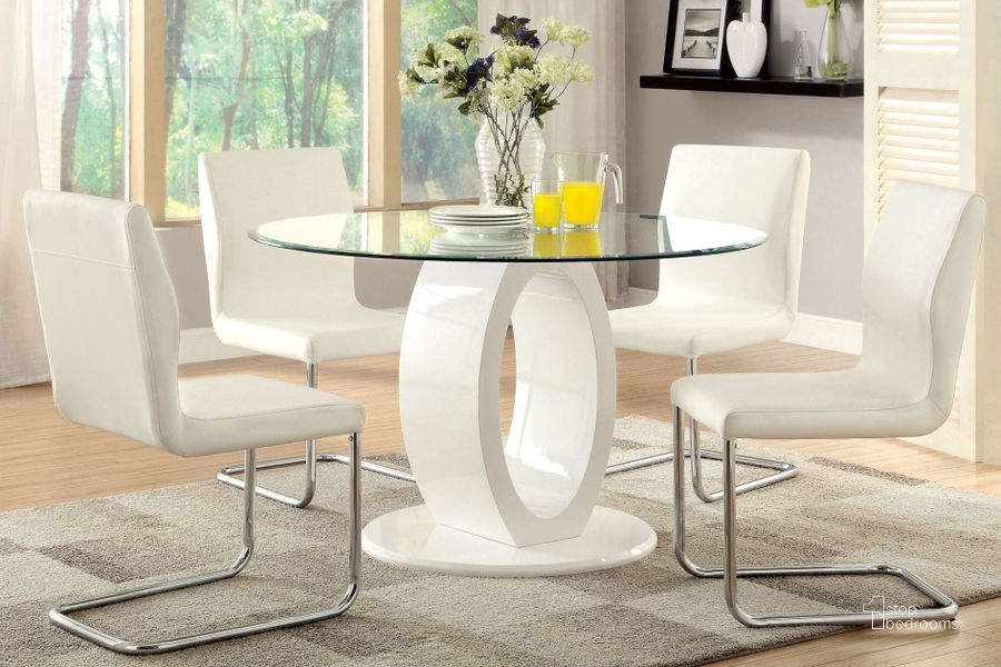 The appearance of Lodia I White Glass Top Round Pedestal Dining Room Set designed by Furniture of America in the modern / contemporary interior design. This white piece of furniture  was selected by 1StopBedrooms from Lodia Collection to add a touch of cosiness and style into your home. Sku: CM3825WH-RT-1;CM3825WH-RT-2;CM3825WH-SC-2PK. Table Top Shape: Round. Product Type: Dining Room Set. Material: Vinyl. Image1