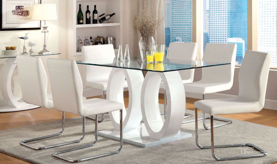 The appearance of Lodia I White Glass Top Rectangular Pedestal Dining Room Set designed by Furniture of America in the modern / contemporary interior design. This white piece of furniture  was selected by 1StopBedrooms from Lodia Collection to add a touch of cosiness and style into your home. Sku: CM3825WH-T-1;CM3825WH-T-2;CM3825WH-SC-2PK. Material: Glass. Product Type: Dining Room Set. Table Top Shape: Rectangular. Image1
