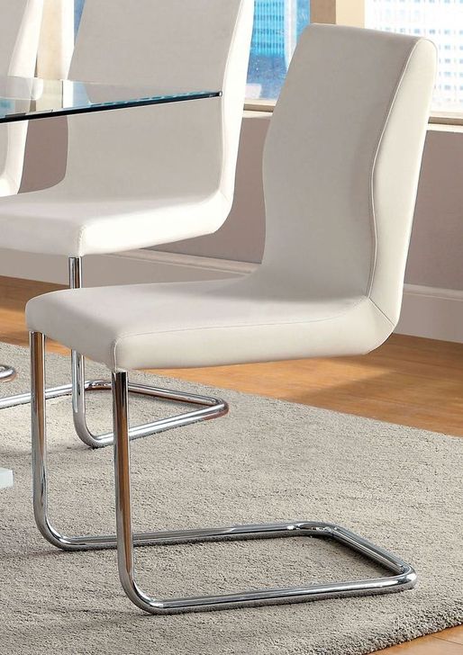The appearance of Lodia I White Leatherette Side Chair Set of 2 designed by Furniture of America in the modern / contemporary interior design. This white piece of furniture  was selected by 1StopBedrooms from Lodia Collection to add a touch of cosiness and style into your home. Sku: CM3825WH-SC-2PK. Product Type: Side Chair. Material: Vinyl. Image1