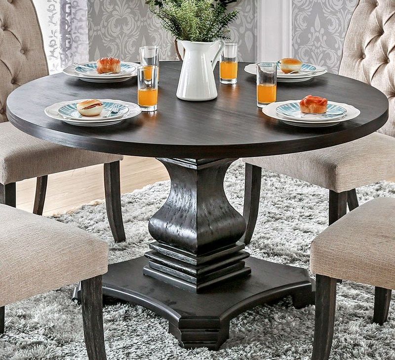 The appearance of Nerissa Antique Black Round Table designed by Furniture of America in the transitional interior design. This black piece of furniture  was selected by 1StopBedrooms from Nerissa Collection to add a touch of cosiness and style into your home. Sku: CM3840RT-1;CM3840RT-2. Table Base Style: Pedestal. Table Top Shape: Round. Material: Wood. Product Type: Dining Table. Size: 48". Image1