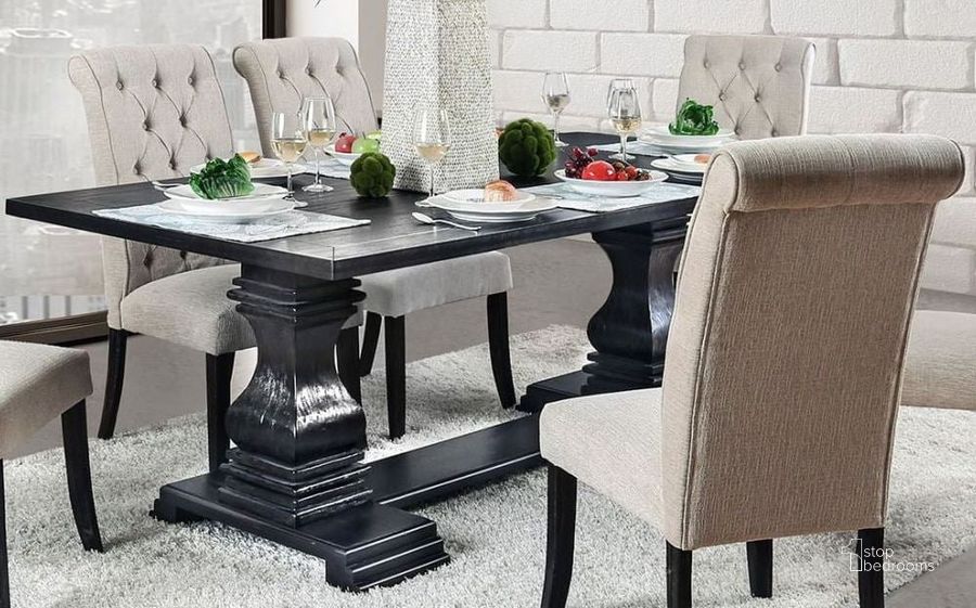 The appearance of Nerissa Antique Black Dining Table designed by Furniture of America in the transitional interior design. This black piece of furniture  was selected by 1StopBedrooms from Nerissa Collection to add a touch of cosiness and style into your home. Sku: CM3840T-1;CM3840T-2. Table Base Style: Trestle. Material: Wood. Product Type: Dining Table. Table Top Shape: Rectangular. Image1