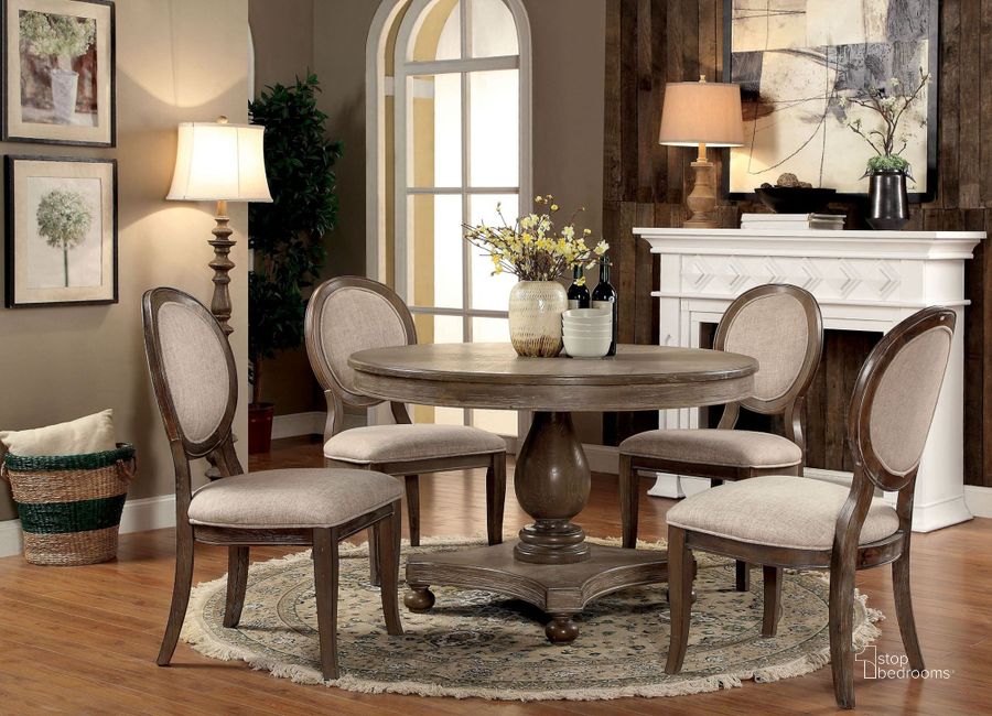 The appearance of Siobhan Rustic Dark Oak Round Dining Room Set designed by Furniture of America in the transitional interior design. This brown piece of furniture  was selected by 1StopBedrooms from Siobhan Collection to add a touch of cosiness and style into your home. Sku: CM3872RT-1;CM3872RT-2;CM3872SC-2PK. Table Base Style: Pedestal. Table Top Shape: Round. Material: Fabric. Product Type: Dining Room Set. Image1