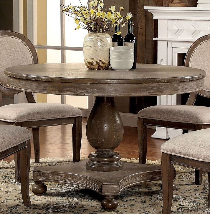 The appearance of Siobhan Rustic Dark Oak Round Dining Table designed by Furniture of America in the transitional interior design. This brown piece of furniture  was selected by 1StopBedrooms from Siobhan Collection to add a touch of cosiness and style into your home. Sku: CM3872RT-1;CM3872RT-2. Table Base Style: Pedestal. Table Top Shape: Round. Product Type: Dining Table. Image1