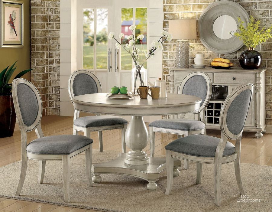 The appearance of Kathryn Antique White Dining Room Set designed by Furniture of America in the transitional interior design. This white piece of furniture  was selected by 1StopBedrooms from Kathryn Collection to add a touch of cosiness and style into your home. Sku: CM3872WH-RT-1;CM3872WH-RT-2;CM3872WH-SC-2PK. Table Base Style: Pedestal. Table Top Shape: Round. Material: Wood. Product Type: Dining Room Set. Image1