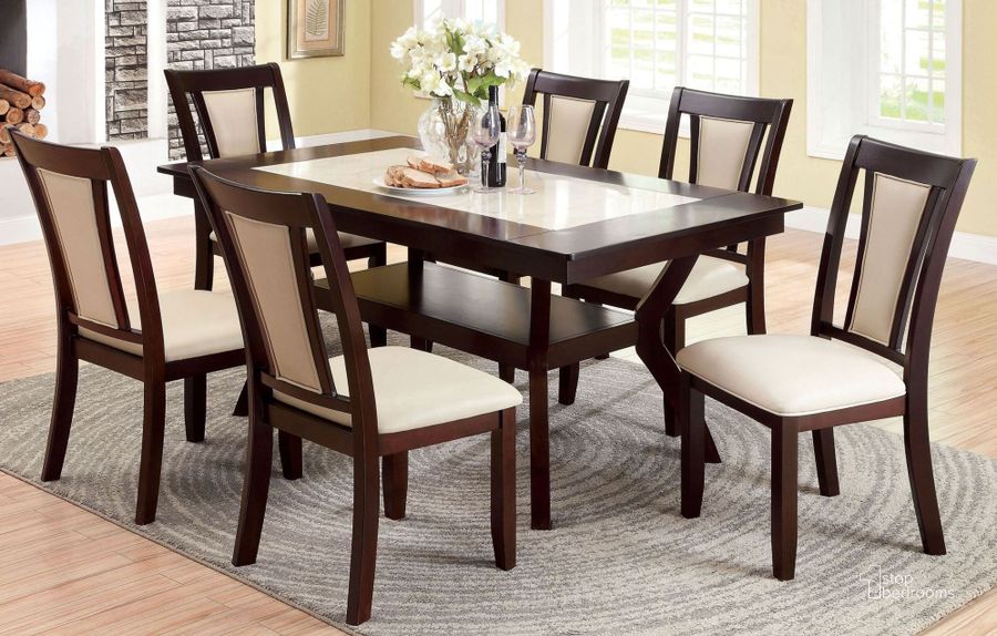 The appearance of Brent Dark Cherry Faux Marble Insert Rectangular Trestle Dining Room Set designed by Furniture of America in the modern / contemporary interior design. This brown piece of furniture  was selected by 1StopBedrooms from Brent Collection to add a touch of cosiness and style into your home. Sku: CM3984T;CM3984SC-2PK. Table Base Style: Trestle. Material: Wood. Product Type: Dining Room Set. Table Top Shape: Rectangular. Image1