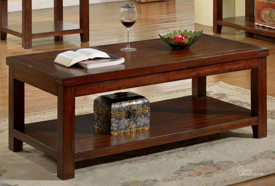 The appearance of Estell Cherry Coffee Table designed by Furniture of America in the transitional interior design. This brown piece of furniture  was selected by 1StopBedrooms from Estell Collection to add a touch of cosiness and style into your home. Sku: CM4107C. Material: Wood. Product Type: Coffee Table. Table Top Shape: Rectangular. Image1