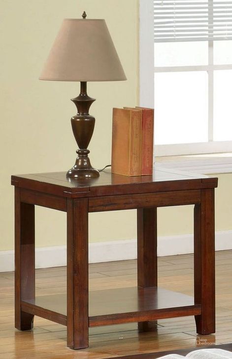 The appearance of Estell Cherry End Table designed by Furniture of America in the transitional interior design. This brown piece of furniture  was selected by 1StopBedrooms from Estell Collection to add a touch of cosiness and style into your home. Sku: CM4107E. Table Top Shape: Square. Material: Wood. Product Type: End Table. Image1