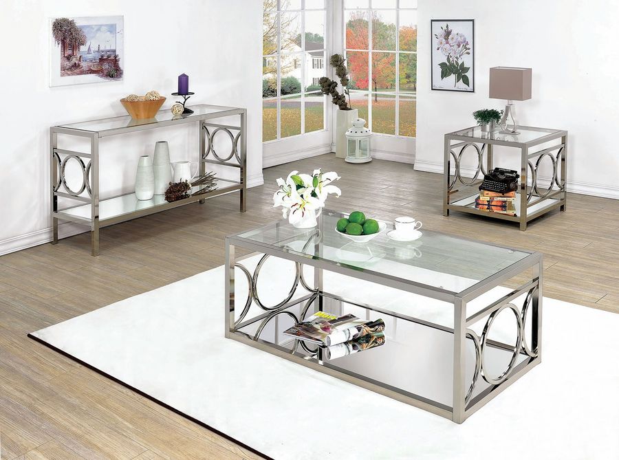 The appearance of Rylee Chrome Occasional Table Set designed by Furniture of America in the modern / contemporary interior design. This silver piece of furniture  was selected by 1StopBedrooms from Rylee Collection to add a touch of cosiness and style into your home. Sku: CM4166CRM-C;CM4166CRM-E. Material: Glass. Product Type: Occasional Table Set. Table Top Shape: Rectangular. Image1
