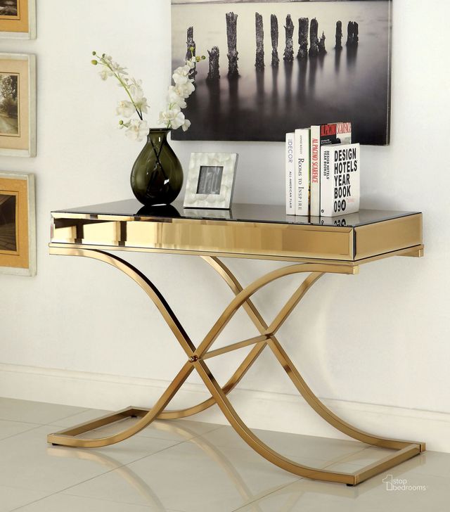 The appearance of Sundance Brass Sofa Table designed by Furniture of America in the modern / contemporary interior design. This gold piece of furniture  was selected by 1StopBedrooms from Sundance Collection to add a touch of cosiness and style into your home. Sku: CM4230S. Material: Metal. Product Type: Sofa Table. Table Top Shape: Rectangular. Image1