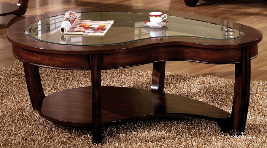 The appearance of Crystal Falls Dark Cherry Coffee Table designed by Furniture of America in the transitional interior design. This brown piece of furniture  was selected by 1StopBedrooms from Crystal Falls Collection to add a touch of cosiness and style into your home. Sku: CM4336C. Material: Wood. Product Type: Coffee Table. Image1