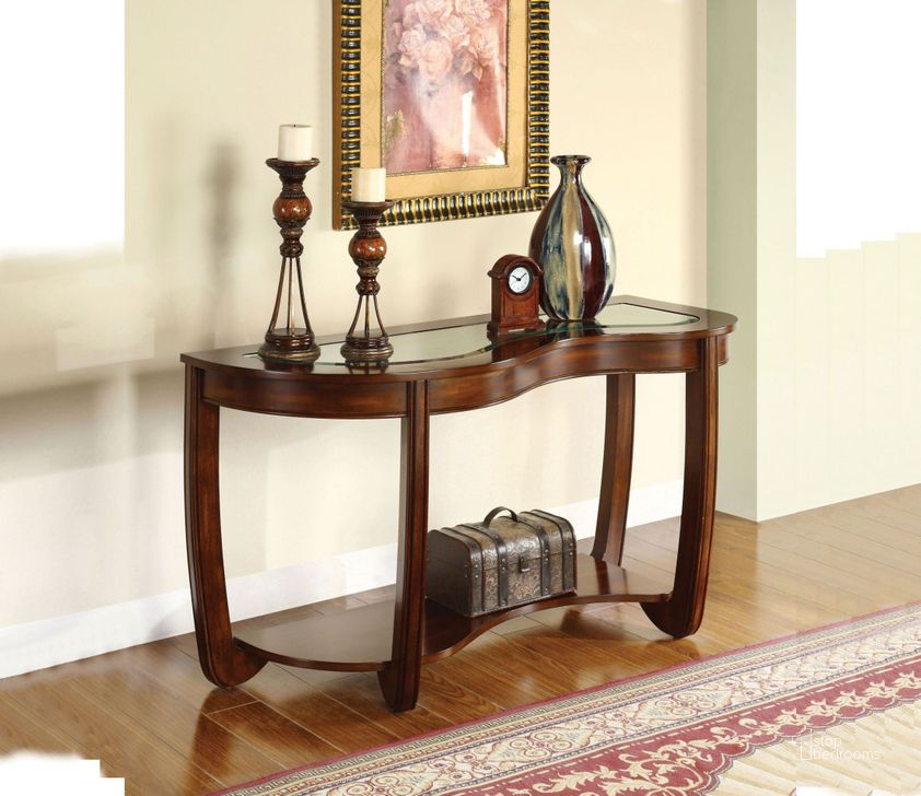 The appearance of Crystal Falls Dark Cherry Sofa Table designed by Furniture of America in the transitional interior design. This brown piece of furniture  was selected by 1StopBedrooms from Crystal Falls Collection to add a touch of cosiness and style into your home. Sku: CM4336S. Material: Wood. Product Type: Sofa Table. Table Top Shape: Rectangular. Image1