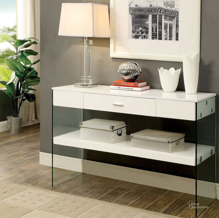 The appearance of Raya White Sofa Table designed by Furniture of America in the modern / contemporary interior design. This white piece of furniture  was selected by 1StopBedrooms from Raya Collection to add a touch of cosiness and style into your home. Sku: CM4451WH-S. Material: Glass. Product Type: Sofa Table. Table Top Shape: Rectangular. Image1