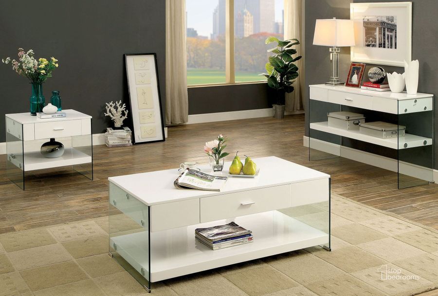 The appearance of Raya White Occasional Table Set designed by Furniture of America in the modern / contemporary interior design. This white piece of furniture  was selected by 1StopBedrooms from Raya Collection to add a touch of cosiness and style into your home. Sku: CM4451WH-C;CM4451WH-E. Material: Glass. Product Type: Occasional Table Set. Table Top Shape: Rectangular. Image1