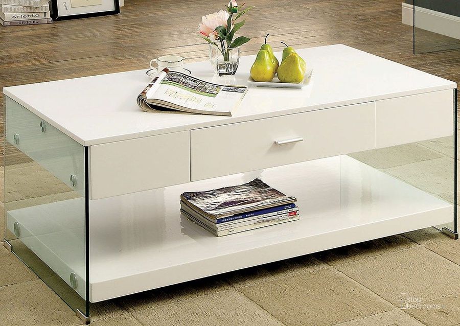 The appearance of Raya White Coffee Table designed by Furniture of America in the modern / contemporary interior design. This white piece of furniture  was selected by 1StopBedrooms from Raya Collection to add a touch of cosiness and style into your home. Sku: CM4451WH-C. Material: Glass. Product Type: Coffee Table. Table Top Shape: Rectangular. Image1
