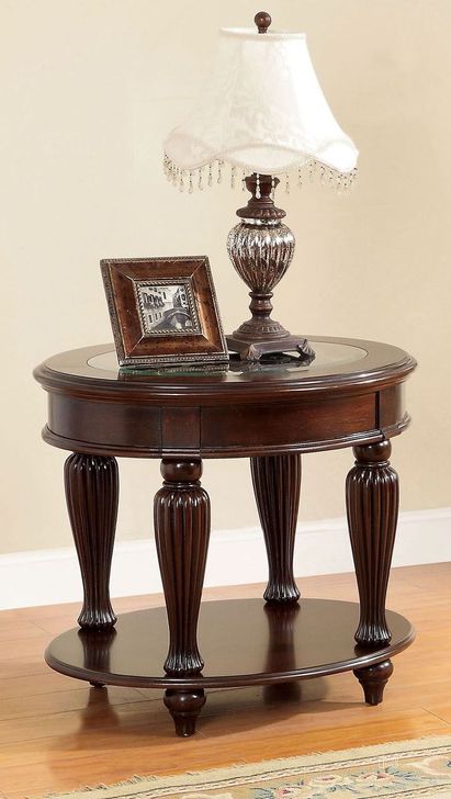 The appearance of Centinel Dark Cherry End Table designed by Furniture of America in the traditional interior design. This brown piece of furniture  was selected by 1StopBedrooms from Centinel Collection to add a touch of cosiness and style into your home. Sku: CM4642E. Table Top Shape: Oval. Material: Wood. Product Type: End Table. Image1