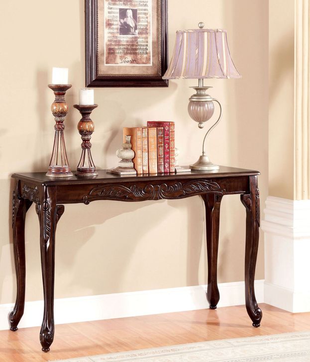 The appearance of Cheshire Cherry Sofa Table designed by Furniture of America in the traditional interior design. This brown piece of furniture  was selected by 1StopBedrooms from Cheshire Collection to add a touch of cosiness and style into your home. Sku: CM4914S. Material: Wood. Product Type: Sofa Table. Table Top Shape: Rectangular. Image1