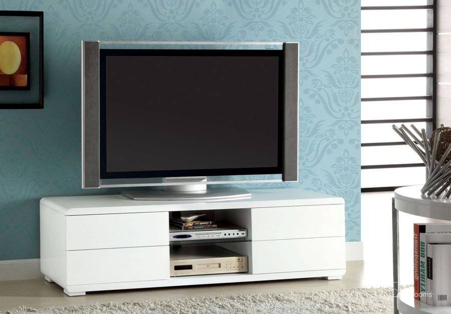 The appearance of Cerro White 59" TV Console designed by Furniture of America in the modern / contemporary interior design. This white piece of furniture  was selected by 1StopBedrooms from Cerro Collection to add a touch of cosiness and style into your home. Sku: CM5530WH-TV. Material: Wood. Product Type: TV Console. Image1