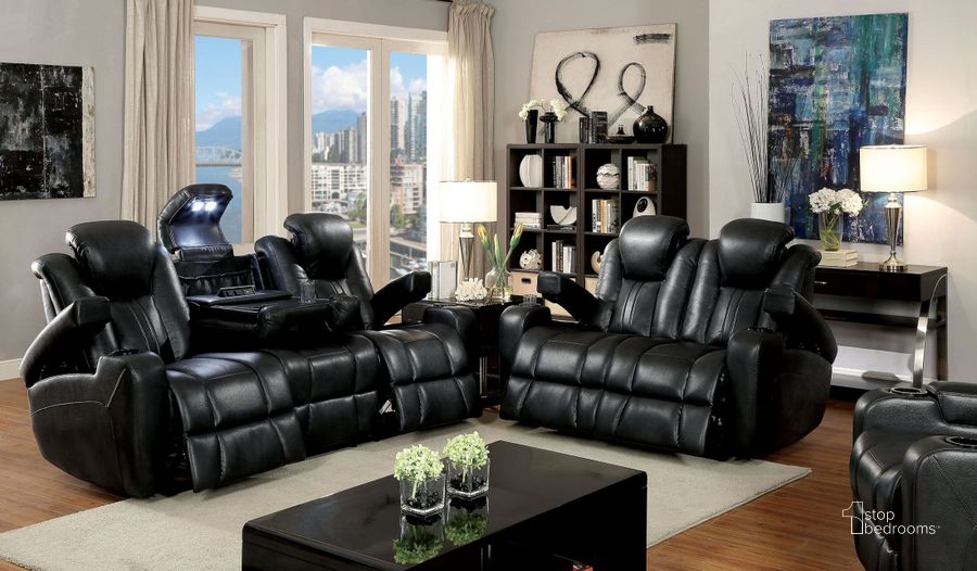 The appearance of Zaurak Dark Gray Reclining Living Room Set designed by Furniture of America in the modern / contemporary interior design. This black piece of furniture  was selected by 1StopBedrooms from Zaurak Collection to add a touch of cosiness and style into your home. Sku: CM6291-SF;CM6291-LV. Product Type: Living Room Set. Material: Vinyl. Key Features: Storage. Image1