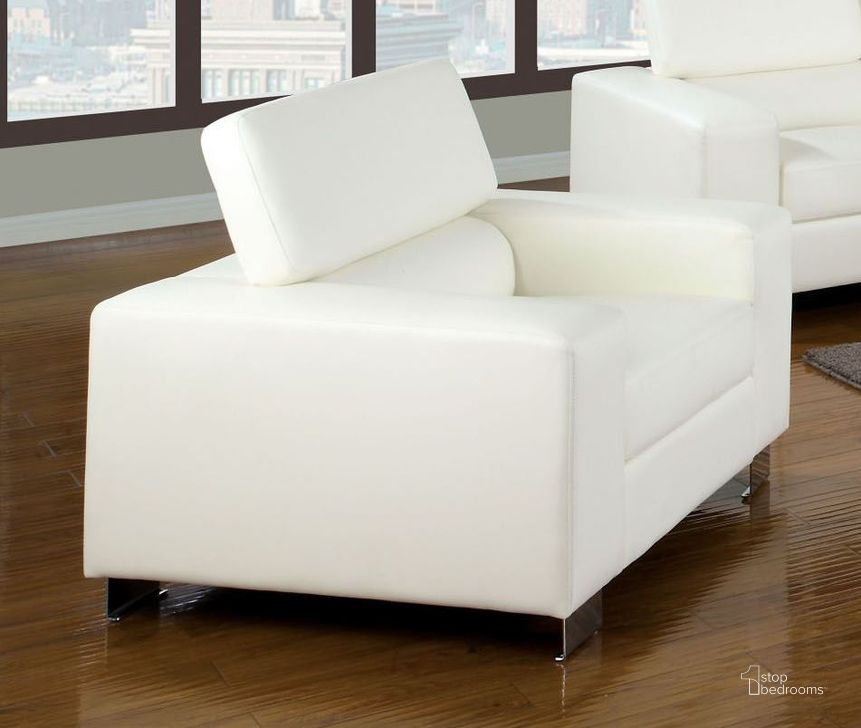 The appearance of Makri White Bonded Leather Match Chair designed by Furniture of America in the modern / contemporary interior design. This white piece of furniture  was selected by 1StopBedrooms from Makri Collection to add a touch of cosiness and style into your home. Sku: CM6336WH-CH. Product Type: Living Room Chair. Material: Vinyl. Image1