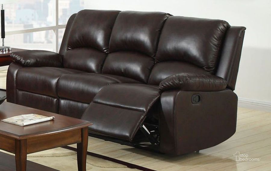The appearance of Oxford Rustic Dark Brown Leatherette Reclining Sofa designed by Furniture of America in the transitional interior design. This brown piece of furniture  was selected by 1StopBedrooms from Oxford Collection to add a touch of cosiness and style into your home. Sku: CM6555-S. Product Type: Reclining Sofa. Material: Vinyl. Image1