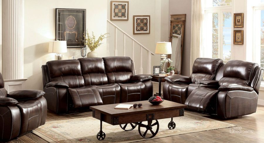 The appearance of Ruth Brown Leather Reclining Living Room Set designed by Furniture of America in the transitional interior design. This brown piece of furniture  was selected by 1StopBedrooms from Ruth Collection to add a touch of cosiness and style into your home. Sku: CM6783BR-SF;CM6783BR-LV. Product Type: Living Room Set. Material: Vinyl. Image1