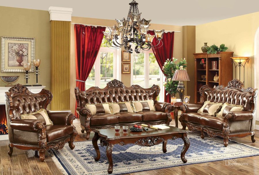 The appearance of Jericho Dark Oak Leather Living Room Set designed by Furniture of America in the traditional interior design. This brown piece of furniture  was selected by 1StopBedrooms from Jericho Collection to add a touch of cosiness and style into your home. Sku: CM6786-SF-1;CM6786-SF-2;CM6786-LV-1;CM6786-LV-2. Product Type: Living Room Set. Image1
