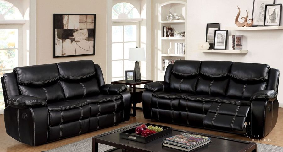 The appearance of Gatria Black Reclining Living Room Set designed by Furniture of America in the transitional interior design. This black piece of furniture  was selected by 1StopBedrooms from Gatria Collection to add a touch of cosiness and style into your home. Sku: CM6981-LV;CM6981-SF. Product Type: Living Room Set. Material: Vinyl. Image1