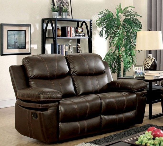 The appearance of Listowel Brown Reclining Loveseat designed by Furniture of America in the transitional interior design. This brown piece of furniture  was selected by 1StopBedrooms from Listowel Collection to add a touch of cosiness and style into your home. Sku: CM6992-LV. Material: Bonded Leather. Product Type: Reclining Loveseat. Image1