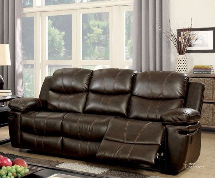 The appearance of Listowel Brown Reclining Sofa designed by Furniture of America in the transitional interior design. This brown piece of furniture  was selected by 1StopBedrooms from Listowel Collection to add a touch of cosiness and style into your home. Sku: CM6992-SF. Material: Bonded Leather. Product Type: Reclining Sofa. Image1