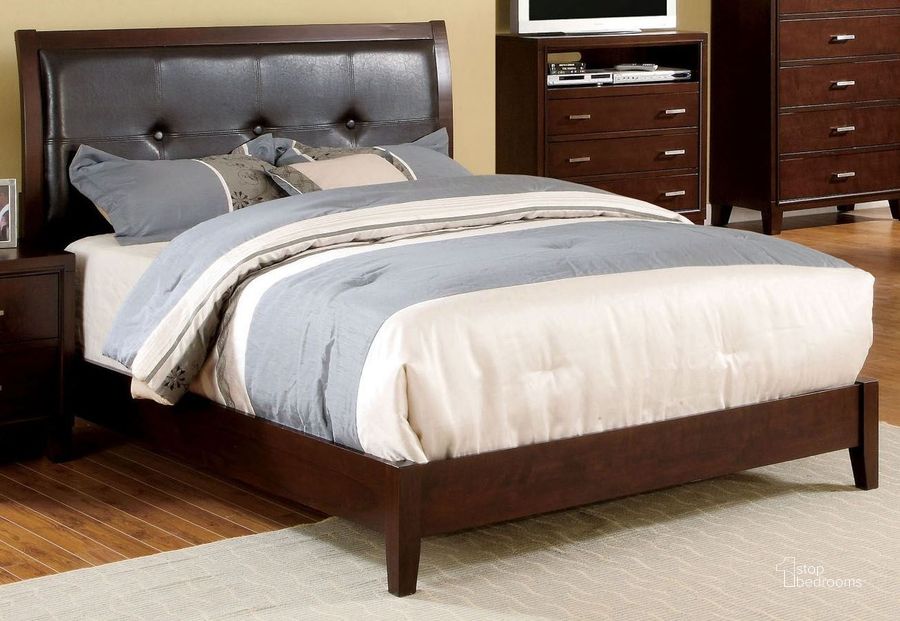 The appearance of Enrico I Brown Cherry Leatherette King Bed designed by Furniture of America in the modern / contemporary interior design. This brown piece of furniture  was selected by 1StopBedrooms from Enrico I Collection to add a touch of cosiness and style into your home. Sku: CM7068EK-HB;CM7068EK-FB;CM7068EK-R13. Bed Type: Panel Bed. Product Type: Panel Bed. Bed Size: King. Material: Vinyl. Image1