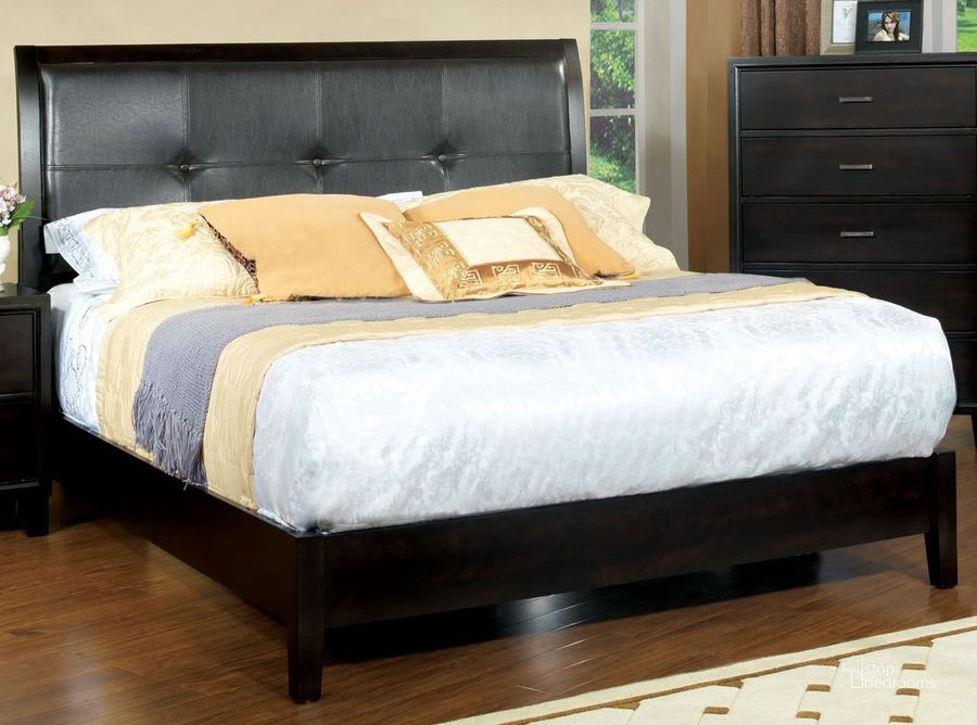 The appearance of Enrico I Espresso Leatherette King Platform Bed designed by Furniture of America in the modern / contemporary interior design. This brown piece of furniture  was selected by 1StopBedrooms from Enrico I Collection to add a touch of cosiness and style into your home. Sku: CM7088EK-HB;CM7088EK-FB;CM7088EK-R13. Bed Type: Platform Bed. Product Type: Platform Bed. Bed Size: King. Material: Vinyl. Image1
