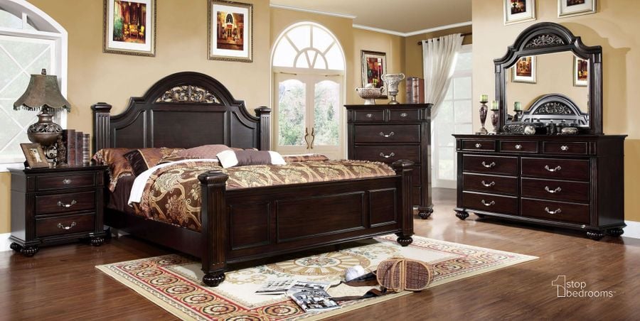 The appearance of Syracuse Dark Walnut Poster Bedroom Set designed by Furniture of America in the transitional interior design. This brown piece of furniture  was selected by 1StopBedrooms from Syracuse Collection to add a touch of cosiness and style into your home. Sku: CM7129Q-HB;CM7129Q-FB;CM7129Q-R;CM7129N. Bed Type: Poster Bed. Material: Wood. Product Type: Poster Bed. Bed Size: Queen. Image1